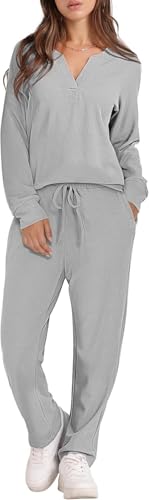 Damen Schlafanzug Lang Pyjama Set Langarm Sleepwear Herbst Winter Nachtwäsche Zweiteiliger Soft Loungewear,Grau,M von Himcus