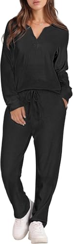 Damen Schlafanzug Lang Pyjama Set Langarm Sleepwear Herbst Winter Nachtwäsche Zweiteiliger Soft Loungewear,Schwarz,M von Himcus