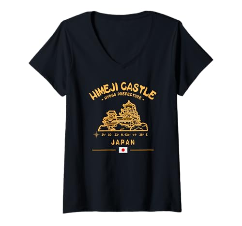 Damen Himeji Castle Japan GPS Koordinaten Japanische Flagge T-Shirt mit V-Ausschnitt Damen Himeji Castle Japan GPS Koordinaten Japanische Flagge T-Shirt mit V-Ausschnitt von Himeji Castle Japan Travel Souvenirs