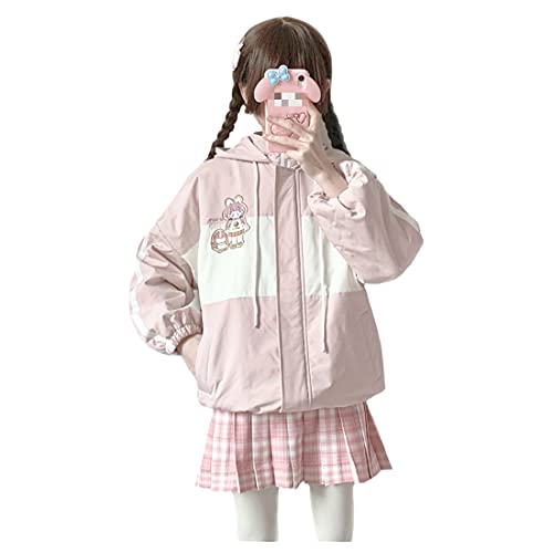 Damen Kapuzenpullover mit Reißverschluss, niedliches Anime-Motiv, Stickerei, farblich passender Mantel, Teen Mädchen, Kawaii-Jacke, lockerer Hoodies, Tops für Herbst und Winter, Pink (dick), 36 von Himifashion