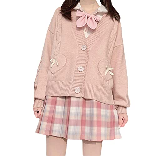 Damen Strickjacke Japanischer Stil Schleife Strickpullover Mädchen Niedlich Pullover Langarm Pullover V Ausschnitt Kurze Strickjacke Tops, rose, XL von Himifashion