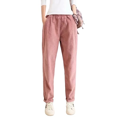 Himifashion Damen Freizeithose Herbst Winter Cordhose Elastische Taille Warme Hose, rose, XL von Himifashion