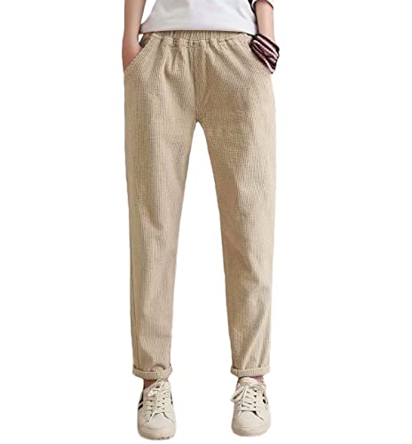 Himifashion Damen Freizeithose Herbst Winter Cordhose Elastische Taille Warme Hose, khaki, M von Himifashion