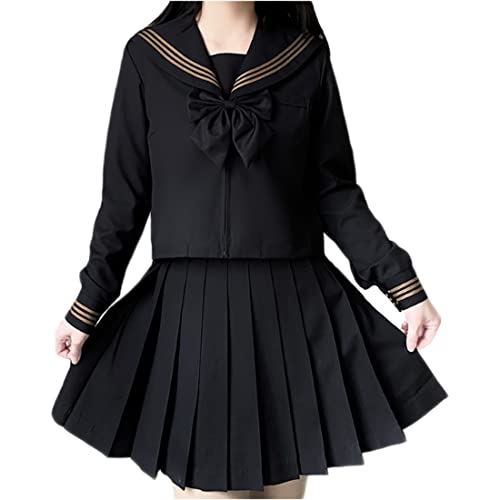 Himifashion Damen Japanischer Matrosenanzug Teen Mädchen Schuluniform mit T-Shirt Rock und Krawatte JK Uniform Anime Cosplay Kostüm Outfit, Schwarz , Medium von Himifashion