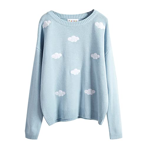 Himifashion Damen Pullover Kawaii Wolke Strickwaren Pullover Casual Rundhals Lose Pullover Tops, blau, One size von Himifashion