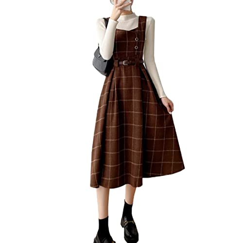 Himifashion Damen Vintage Kleid Japanisches Plaid Kleid Damen Herbst Winter Wolle Träger Midi Kleid, braun, S von Himifashion