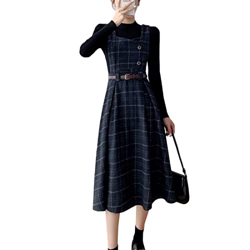 Himifashion Damen Vintage Kleid Japanisches Plaid Kleid Damen Herbst Winter Wolle Träger Midi Kleid, marineblau, Small von Himifashion