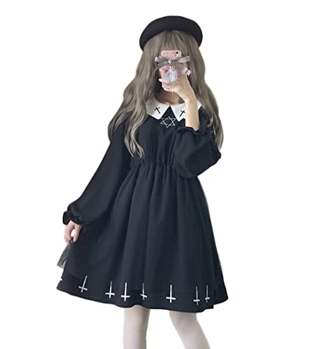 Himifashion Lolita Gothic Kleid Teens Six AWN Star Mesh Kleider Mädchen Puffärmel Tägliches Kleid, Schwarz , 36 von Himifashion