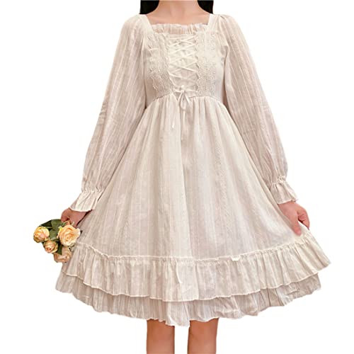 Himifashion Lolita Kleid Teenager Mädchen Spitze Rüschen Prinzessin Kleider Japanisch Langarm Kleid, weiß, M, HM-681 von Himifashion