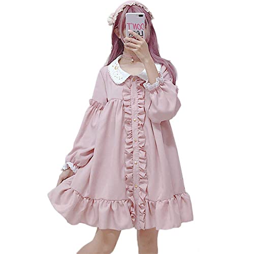 Himifashion Lolita-Kleid für Teenager-Mädchen im japanischen Stil, niedliche Dolly-Kleider, langärmliges, lockeres Minikleid, Rosa, Einheitsgröße von Himifashion