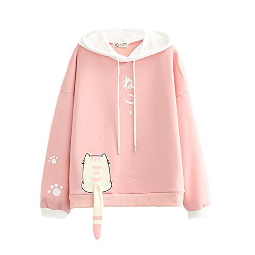 Himifashion Mädchen Kawaii Hoodie Cute Cat Print Pullover Sweatshirt Teens Japanese Style Loose Casual Hooded Tops, rose, 38, HM-576 von Himifashion