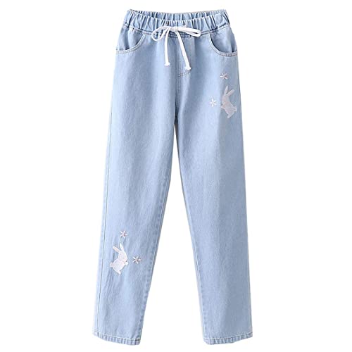 Himifashion Niedliche Hose für Mädchen, Kawaii Bunny Star Stickerei Denim Hosen Teens Jeans Elastische Taille Freizeithosen, hellblau, L von Himifashion