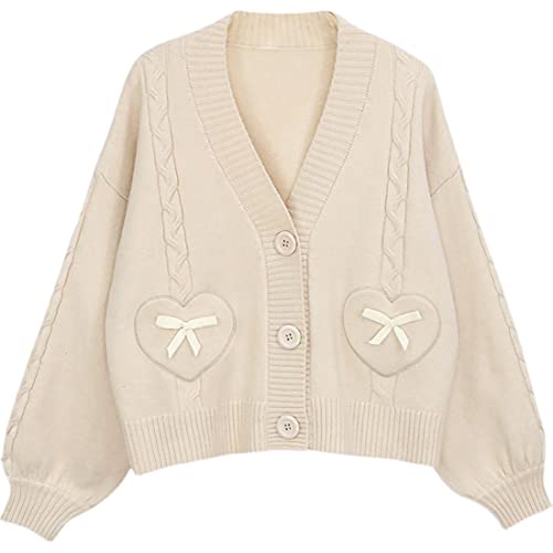 Himifashion Strickjacke Japanischer Stil Schleife Strickpullis Mädchen Niedlich Pullover Langarm V Ausschnitt Kurz Cardigan Tops, beige, XL von Himifashion