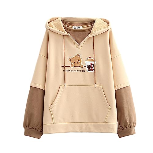 Himifashion Kawaii Hoodie Teen Girls Sweatshirt Cute Bear Patchwork Stickerei Pullover Hooded Tops Fake Zweiteiliger Samt Lose Hoodies, khaki, One size von Himifashion