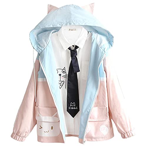 Himifashion Kawaii Jackets Teens Cute Cat Pocket Patchwork Hoodie Mädchen Japanische Jacke Tops Langarm Reißverschluss Outwear, Schwarz, 34, HM122201 von Himifashion