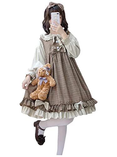 Lolita Kleid für Mädchen, japanischer Stil, Schleife, lange Ärmel, Kleider, Teenager, kariert, A-Linie, Freizeitkleid, braun, M von Himifashion