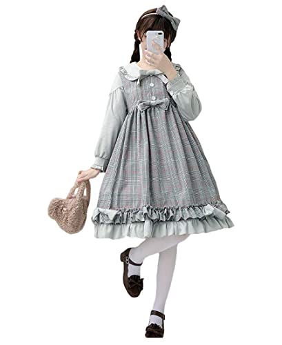 Lolita Kleid für Mädchen, japanischer Stil, Schleife, lange Ärmel, Kleider, Teenager, kariert, A-Linie, Freizeitkleid, grau, S von Himifashion