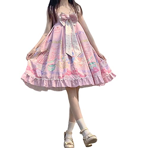 Lolita Kleid für Mädchen, niedliches japanisches Design, bedruckt, Schlingkleider mit großer Schleife, Partykleid Gr. L, rose von Himifashion