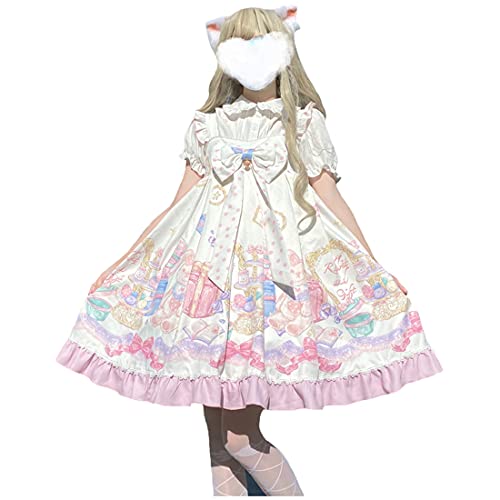 Lolita Kleid für Mädchen, niedliches japanisches Design, bedruckt, Schlingkleider mit großer Schleife, Partykleid Gr. L, weiß von Himifashion