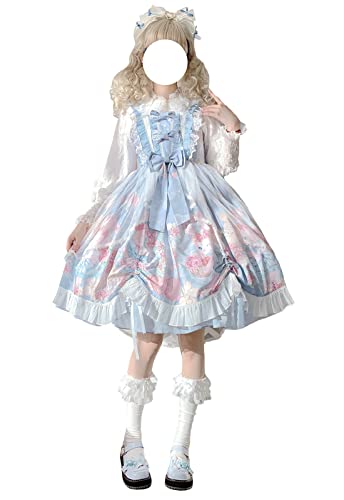 Lolita Kleid für Mädchen Süßer Hasendruck Schleife Rüschen Ärmelloses Kleid Japanischer Stil A-Linie Prinzessin Party Kleid, blau, 36 von Himifashion