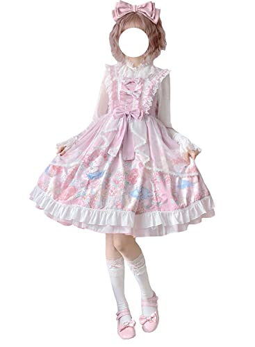 Himifashion Lolita Kleid für Mädchen Süßer Hasendruck Schleife Rüschen Ärmelloses Kleid Japanischer Stil A-Linie Prinzessin Party Kleid, rose, 36 von Himifashion