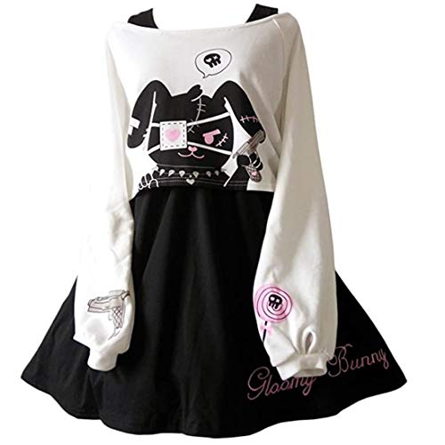 Frauen Mädchen Kleider Kawaii Kaninchen Druck 2 Stücke Japanische Verkleidung Schwarz Weiß Baumwolle, Schwarz , L von Himifashion