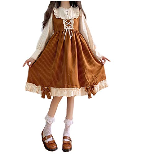 Mädchen Lolita Langarm Kleid Japanischer Stil Schleife Spitze A-Linie mit Reißverschluss Freizeitkleider, braun, Medium von Himifashion