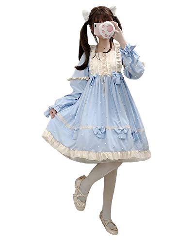 Lolita Prinzessinnen-Kleid, japanischer Stil, Netzstoff, Perlen, Schleife, lange Ärmel, Pullover, Alltagskleider Gr. Einheitsgröße, blau von Himifashion
