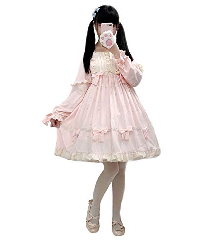 Mädchen Lolita Prinzessin Kleid japanischen Stil Mesh Perle Schleife Langarm Pullover Casual Daily Kleider, rose, Einheitsgröße von Himifashion