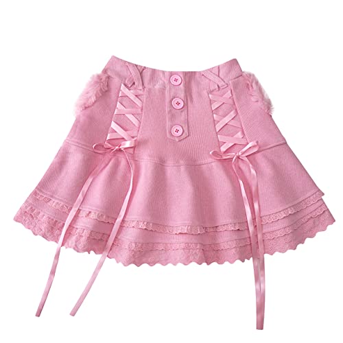 Mädchen Minirock Japanischer Stil Schnürung Bowknot Gestrickte Kuchen Röcke Teens Lolita Hohe Taille A-Linie Röcke, rose, 36 von Himifashion