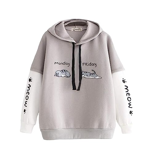 Himifashion Mädchen süße Hoodies Kwaii Kitty Print Hooeded Tops Pullover Langarm Hoodies Lose Sweatshirt (Grau), grau, One size von Himifashion