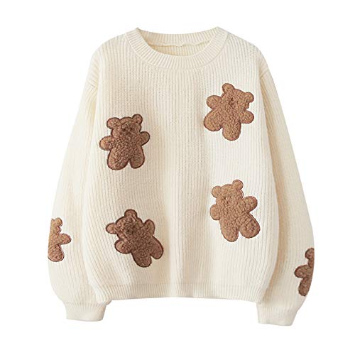 Süßer Pullover für Teenager-Mädchen, japanischer Stil, Kawaii-Bär-Aufnäher, Stickerei, langärmelig, Pullover, Tops, lässige Pullover, weiß, One size von Himifashion