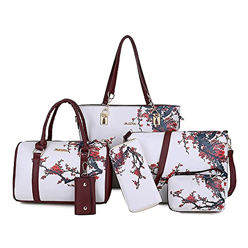 Himlaya Leder Handtasche Set Damen Mittelgroß 6er Set, Elegant Umhängetasche Henkeltasche +TaschenTote Bag Geldbörse + Kartenhalter Shopping Tasche Geschenk Reise Bags (Weiß,6pcs) von Himlaya