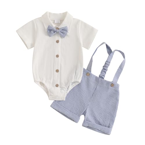 Baby Jungen Anzug 0-18 Monate Kleinkind Gentleman Kurzarm Strampler Hemd mit Fliege + Hosenträger Shorts Sommerkleidung Sets für Festliche Taufe Hochzeit (Gestreift & Blau, 3-6 Months) von Himllauen