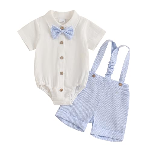 Baby Jungen Anzug 0-18 Monate Kleinkind Gentleman Kurzarm Strampler Hemd mit Fliege + Hosenträger Shorts Sommerkleidung Sets für Festliche Taufe Hochzeit (Gestreift & Himmelblau, 3-6 Months) von Himllauen