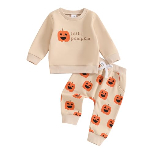 Baby Jungen Halloween Outfit Zweiteiler Kürbis Babykleidung Langarmshirt Top + Hose Kleinkinder Kleidung Set (06&Aprikose, 12-18 Months) von Himllauen