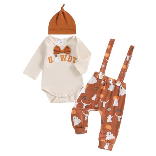 Baby Jungen Halloween Outfits 3tlg Kürbis Druck Langarm Strampler Hose mit Hut Set My First Halloween (03&Gelb, 0-3 Months) von Himllauen
