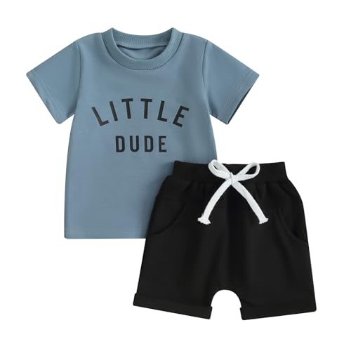 Baby Jungen Kleidung Sommer Kinder Outfits Little Dude T-Shirt + Shorts Zweiteiler Babykleidung Neugeborene Set (A Blau, 0-6 Months) von Himllauen