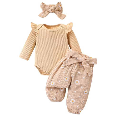 Baby Mädchen Kleidung Langärmliges Body + Floral Hose + Haarband Babyset Kleinkind Kleidung Süß Outfit 0-18 Monate Mädchen Kleidung 3tlg Set (A Gelb, 0-3 Months) von Himllauen