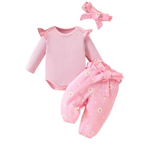 Baby Mädchen Kleidung Langärmliges Body + Floral Hose + Haarband Babyset Kleinkind Kleidung Süß Outfit 0-18 Monate Mädchen Kleidung 3tlg Set (A Rosa, 0-3 Months) von Himllauen