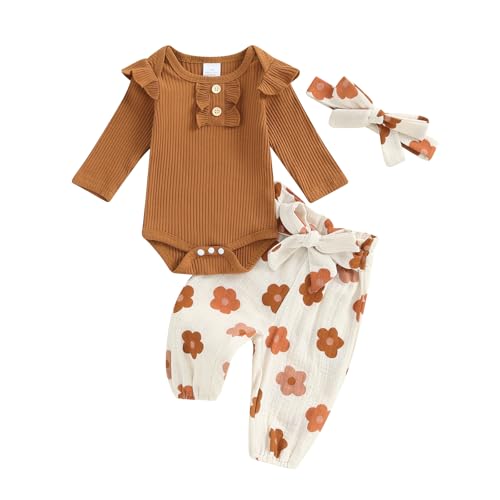 Baby Mädchen Kleidung Langärmliges Body + Floral Hose + Haarband Babyset Kleinkind Kleidung Süß Outfit 0-18 Monate Mädchen Kleidung 3tlg Set (Braun, 6-12 Months) von Himllauen