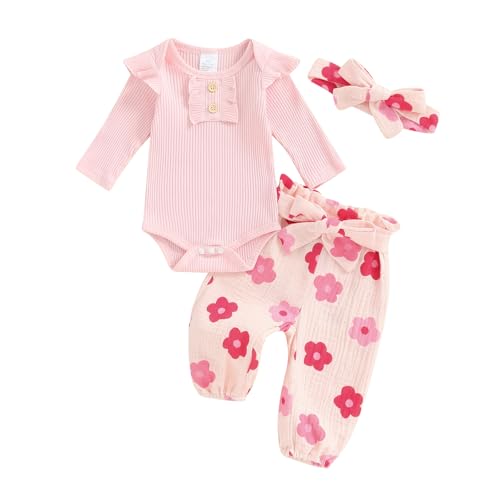 Baby Mädchen Kleidung Langärmliges Body + Floral Hose + Haarband Babyset Kleinkind Kleidung Süß Outfit 0-18 Monate Mädchen Kleidung 3tlg Set (Rosa, 3-6 Months) von Himllauen