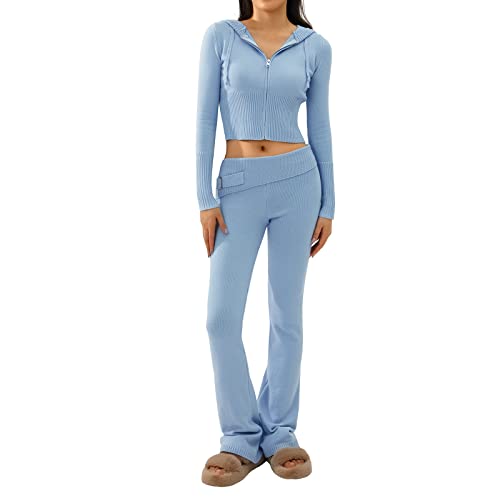 Damen 2-Teilige Strick Set Einfarbig Langarm Zip Up Hoodie und Hohe Taille Lange Hosen Set für Frauen Zweiteiler Outfit (A Blau, M) von Himllauen