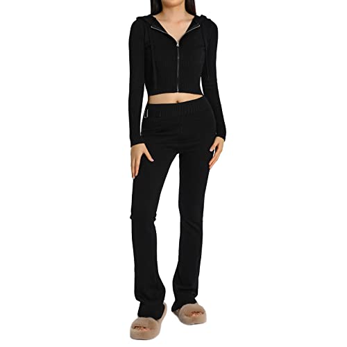 Damen 2-Teilige Strick Set Einfarbig Langarm Zip Up Hoodie und Hohe Taille Lange Hosen Set für Frauen Zweiteiler Outfit (A Schwarz, S) von Himllauen