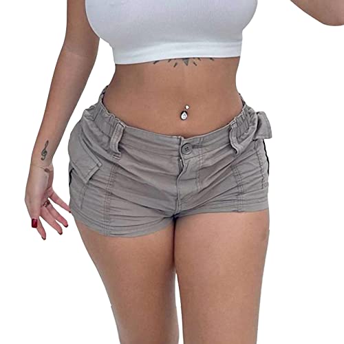 Damen Cargo Shorts Sommer Einfarbig Elastisch High Waist Button Zipper Kurze Hose mit Taschen Y2k Vintage Shorts (Grau, S) von Himllauen