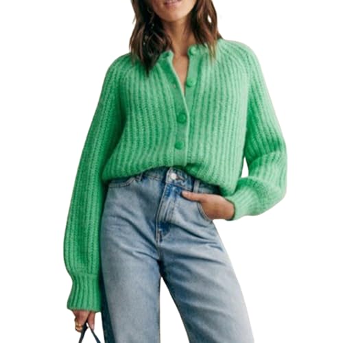 Damen Kurze Strickjacke Y2k Knopfleiste Cardigan Langarm Pullover Herbst Winter Pulli Fashion Strickjacken für Damen (Grün, 2XL) von Himllauen