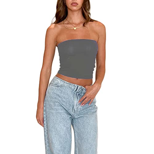 Damen Schulterfrei Tube Top Y2K Crop Top Sommer Ärmellos Vintage Top Slim Sexy Crop Top Elegant Oberteil Aesthetic Clothes für Frauen Mädchen (F Grau, L) von Himllauen