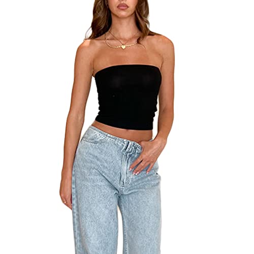 Damen Schulterfrei Tube Top Y2K Crop Top Sommer Ärmellos Vintage Top Slim Sexy Crop Top Elegant Oberteil Aesthetic Clothes für Frauen Mädchen (F Schwarz, XL) von Himllauen