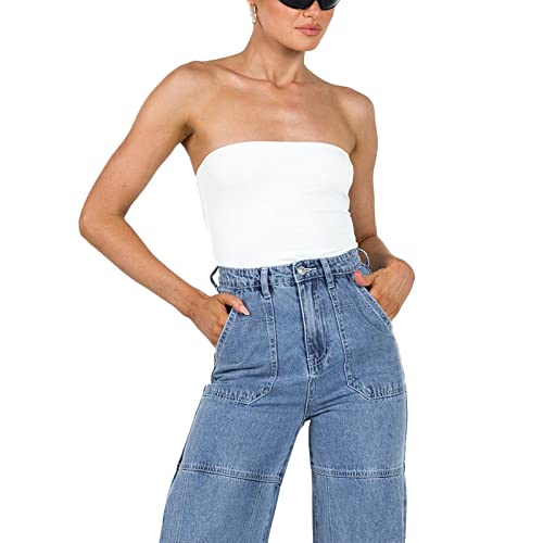 Damen Schulterfrei Tube Top Y2K Crop Top Sommer Ärmellos Vintage Top Slim Sexy Crop Top Elegant Oberteil Aesthetic Clothes für Frauen Mädchen (F Weiß, M) von Himllauen