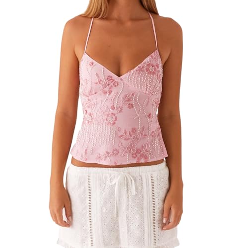 Damen Sommer Tops Elegant Rückenfreies Träger-Tops Spaghetti Träger Tank Top mit Paillettenstickerei Y2k Crop Top Cute Aesthetic Clothes (Rosa, M) von Himllauen